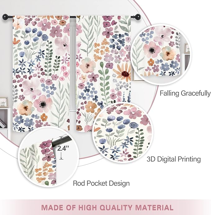 Riyidecor Colorful Floral Curtains Cute Boho Pink Wildflower Trendy Pretty Aesthetic for Girls Rod Pocket Watercolor Plant Leaves Botanical Bedroom Living Room Treatment Fabric 2 Panels 42Wx63H Inch