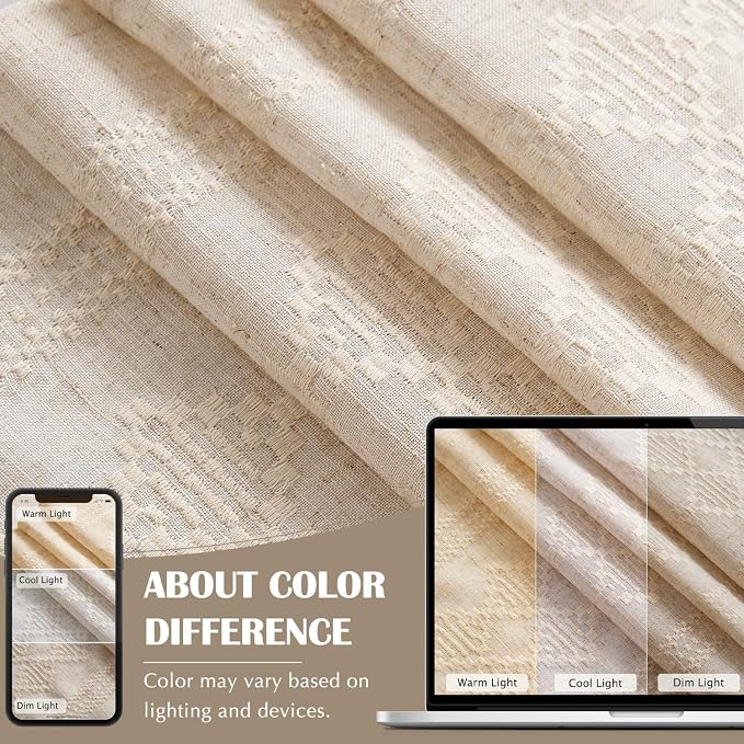 jinchan Boho Curtains Linen Blend Ivory Farmhouse Curtains 96 Inches Long for Living Room Square Embroidered Bordered Back Tab Bedroom Window Light Filtering Bohemian Drapes 2 Panels