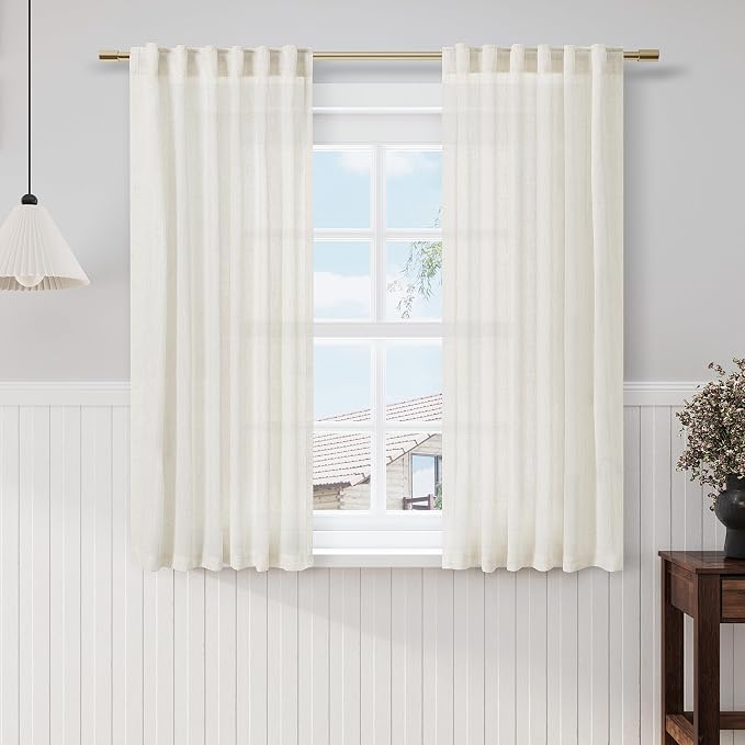 Nanspring Cream Cafe Curtains 54 Inch Length for Kid Bedroom Office Back Tab Pocket Semi Sheer Short Linen Cream Curtain Tiers for Small Bathroom Window Basement 42x54,2 Panel