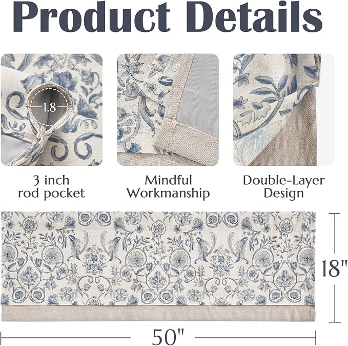 jinchan Linen Valance Kitchen Curtain Pack of 2 Double Layer 18 Inch for Living Room Bedroom Window Treatment Light Filtering Vintage Farmhouse Cottagecore Rod Pocket 2 Panels Blue on Beige
