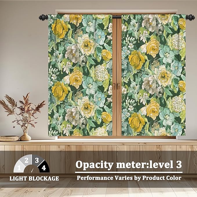 Renaiss 42 x 54 Inch Watercolor Floral Kitchen Curtains Flower Plant Small Short Cafe Window Curtains Rustic Colorful Wildflower Plants Blossom Spring Rod Pocket Tier Window Treatment Drapes 2 Panels