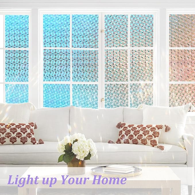 Windimiley Stained Glass Window Privacy Film, Rainbow Clings, 17.5" x 118.1 | 3D Diamond Decorative Window Film,Static Cling No Glue Removable, UV Heat Blocking,Renter Friendly for Bathroom Bedroom Door