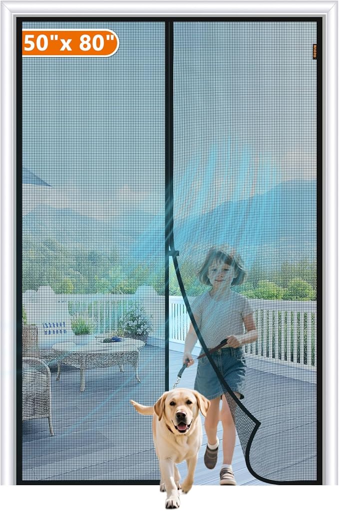 MAGZO Magnetic Screen Door Fit Door Size 50 x 80 Inch, Screen Size 52" x 81" Strong Magnet Door Mesh with Reinforced Hook & Loop for Patio Door, Front Door, Doorway, Black
