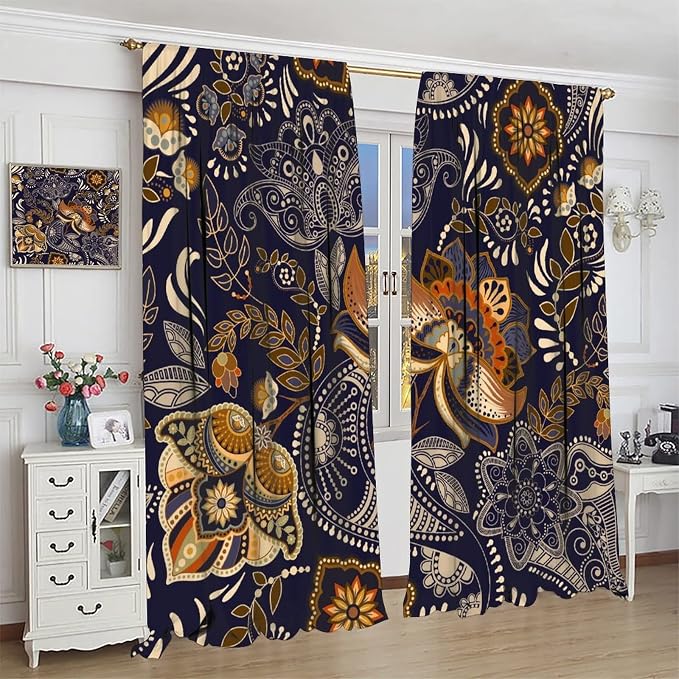 Indian Boho Curtains, Mandala Design Colorful Boho Floral Paisley Curtains, Bedroom Living Room Blackout Decorative Curtains, 2 Panel Set, 42x45 Inch.