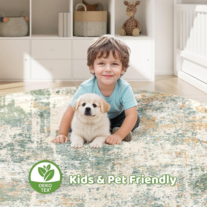 8ft Round Rug Living Room Rugs: 8x8 Washable Circle Large Abstract Modern Soft Stain Resistant Non-Slip Indoor Floor Carpet for Bedroom Nursery Office Dining Room Playroom Home House- Green