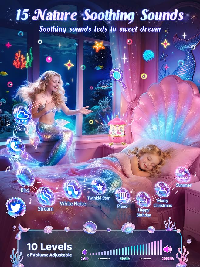 Little Mermaid Toys, 15 Soothing Sounds+18 Films+378 Colors Kids Night Light Projector, 360°+Remote+Cordless+Pink Mermaid Birthday Gifts for Girls, Princess Toys Princess Room Decor[Dreamy Packaging]