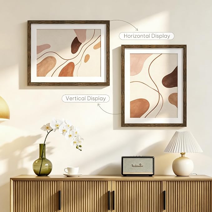 Picrit 14x18 Picture Frame 3 Pack, Wooden Brown Rustic Poster Frame, Display Poster 12 x 16 with Mat or 14 x 18 without Mat for Horizontal or Vertical Wall Mounting