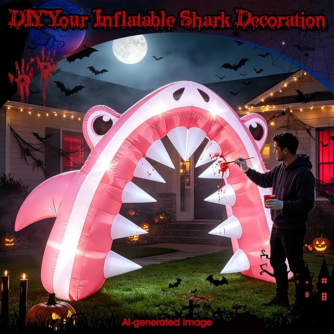 13FT Halloween Pink Shark Inflatable Arch for Yard Lawn Decor | Giant Shark Blow Up with Built-in 6 LED Lights and 1 Blower for Indoor/Outdoor Halloween Shark Birthday Party Decoration