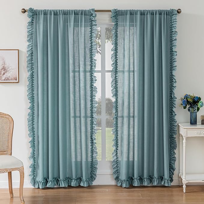 TERLYTEX Stone Blue Ruffle Curtains 84 Inches Long 2 Panels, 58 x 84 Inch, Linen Textured Flowy Window Curtains for Living Room Bedroom Rod Pocket Privacy Light Filtering Semi-Sheer Ruffled Curtain