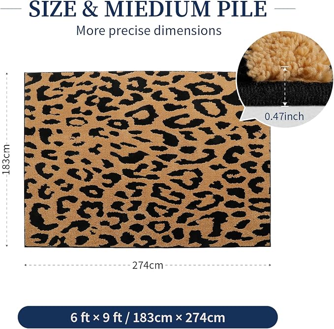 YIHOUSE 6×9 Ft Leopard Area Rugs, Washable High-Low Pile Plush Soft Rug, Non-Slip Non-Shedding Animal Cheetah Carpet for Living Room, Bedroom, Dining Room, Nursery, Home Decor