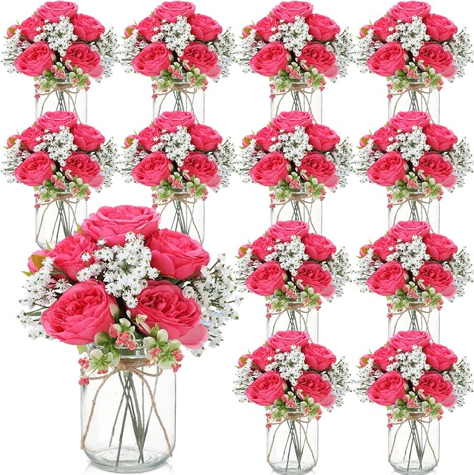 Zeyune 12 Sets Mason Jar Centerpiece Table Decorations, Artificial Peony Baby's Breath Flower Bouquets, Faux Flowers with Vase, Rustic Decor Gifts for Home, Wedding, Holiday (Hot Pink)