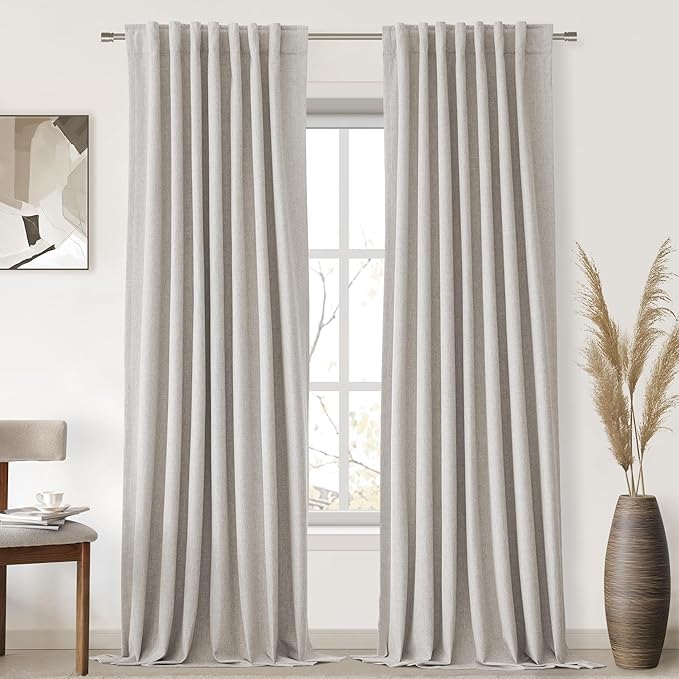 UHITECH Linen Blackout Curtains for Living Room Pinch Pleated Curtain Insulated 96 Inch Length 2 Panels Set Black Out Drapes for Bedroom Window (Natural, 52W x 96L)