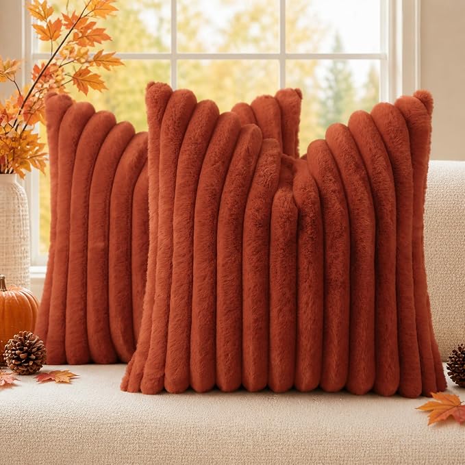 decorUhome Fall Cozy Faux Fur Throw Pillow Covers 16x16 Set of 2 Decorative Soft Plush Striped Modern Farmhouse Boho Couch Pillow Cases with Velvet Back for Sofa Bed Living Room, Rust