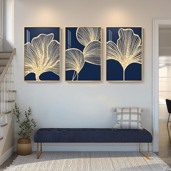 Framed Modern Luxury Wall Art for Living Room, Large Navy Blue and Gold Ginkgo Leaf Artwork for Walls, 3 Piece Contemporary Bright Style Floral Prints for Bedroom Office Hallway Wall Decor, 24x36 Inch
