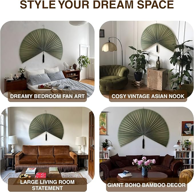 SUCHUBU Green Bamboo Wall Fan, 40" Botanical Handwoven Wall Decor, Large Japanese Hanging Fan, Asian Wall Art for Boho Interiors, Natural Greenery Inspired Bamboo Art (Green, Medium)