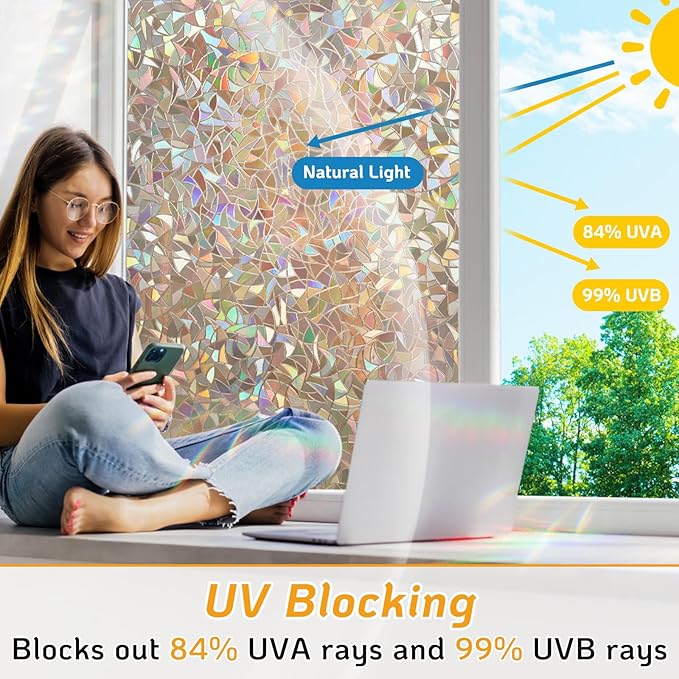 LUTE Window Privacy Film, Rainbow Window Flim, 3D Decorative Stained Glass Cling, Non-Adhesive Vinyl Static Cling Removable Glass Sticker, Sun UV Blocking Covering for Home, Brown, 35.4 x 157.4 inches