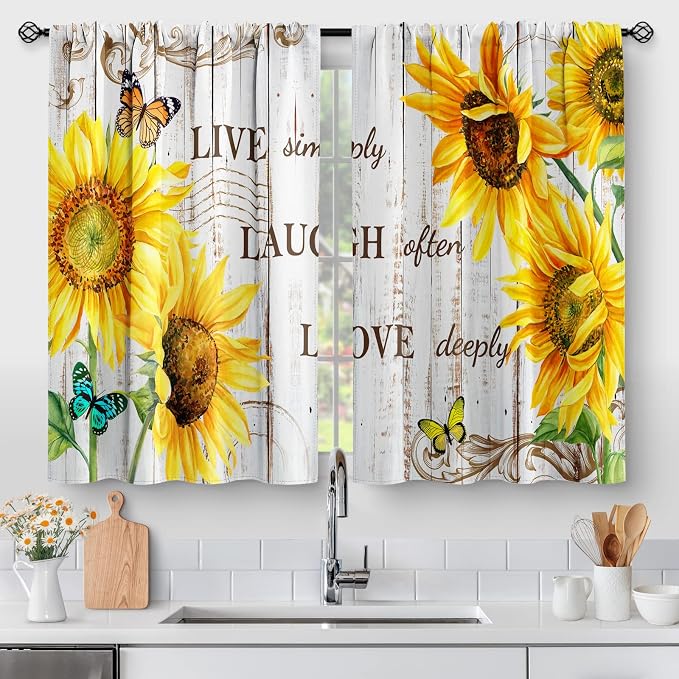Aimego Sunflower Country Floral Kitchen Curtains - Rustic Vintage Flowers Farmhouse Short Cafe Curtains Retro Butterfly Decor for Living Room Window Drapes 36 Inch Length 2 Panels Set