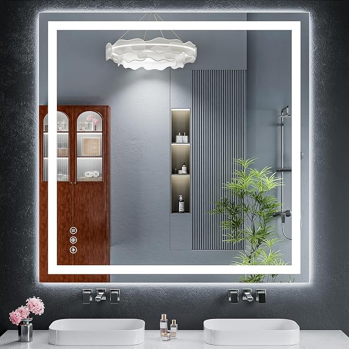 47"x47" LED Bathroom Mirror with Lights, Backlit + Front Lit with CRI>90, Lighted Mirror for Bathroom, Anti-Fog, Dimmable Brightness, 3 Colors, Memory Function, Shatterproof Tempered Glass