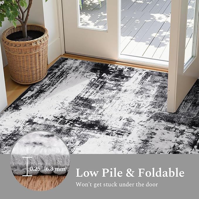 Rugflix 5x8 Area Rugs for Living Room, Washable Large Rug Stain-Resistant Low Pile, Modern Dark Carpet for Dining Room Home Office Kid Room Nursery Bedroom, Black Grey