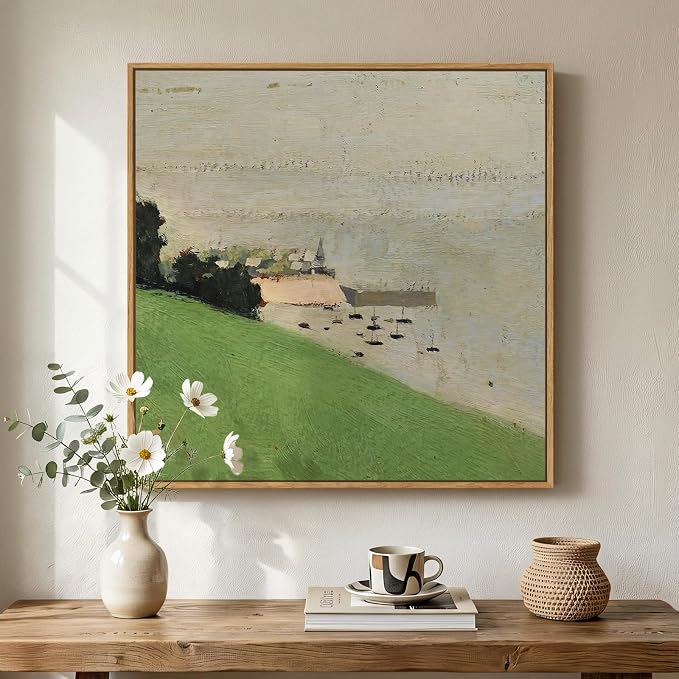 Framed Green Abstract Landscape Wall Art, Modern Minimalist Coastal Canvas Prints Paintings for Walls, Rustic Nature Square Pictures for Living Room Bedroom Dining Room Bathroom Wall Decor, 24x24 In