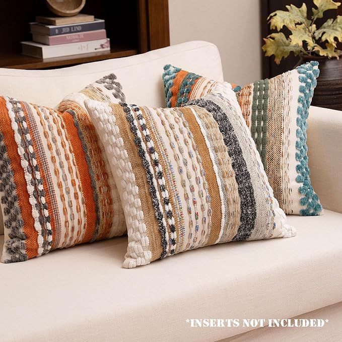Boho Chenille Tufted Throw Pillow Covers 18x18 Inch Set of 2 Farmhouse Brown Woven Striped Decorative Pillowcases for Couch Sofa Bed