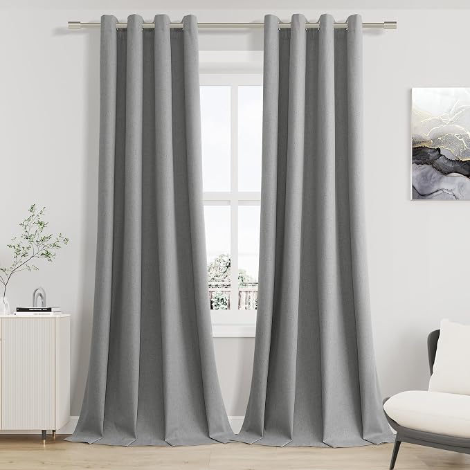 Jowels Dark Grey Linen Blackout Curtains 84 Length 2 Panels Set for Living Room Bedroom, 100% Black Out Thermal Insulated Linen Drapes, Room Darkening Grommet Curtains 84 Inches Long Dark Grey