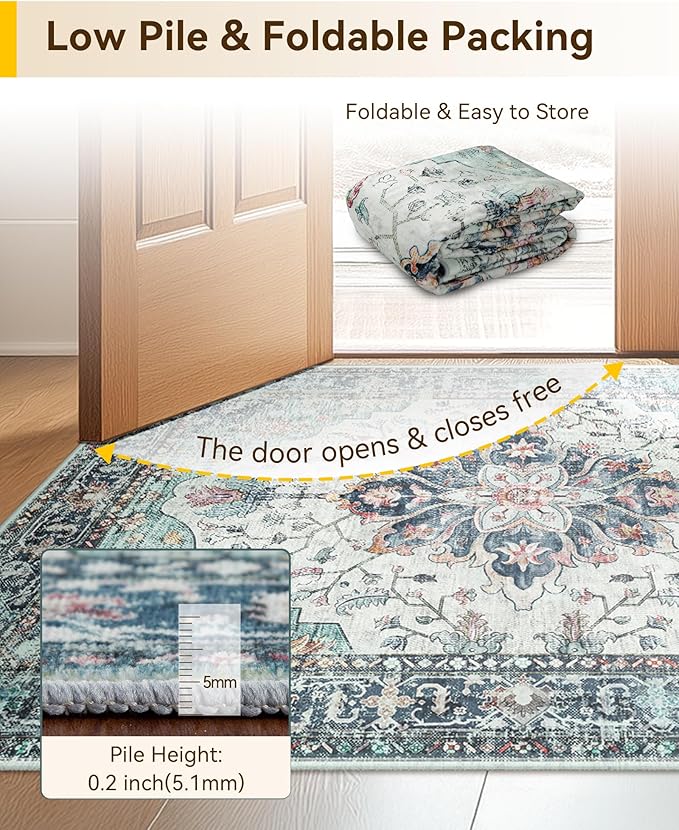 RELEANY Area Rugs 3'x5' Washable Non-Slip, Floral Vintage Distress Medallion Carpet for Living Room Bedroom Dining Room, Green Navy Blue White Red Teal