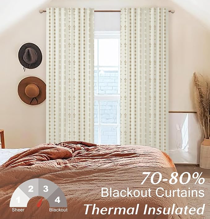Brown and Beige Cream Western Boho Curtains, Earth Tone Striped Floral Patterned Drapes for Bedroom Living Room, 84 inch Long 2 Panels