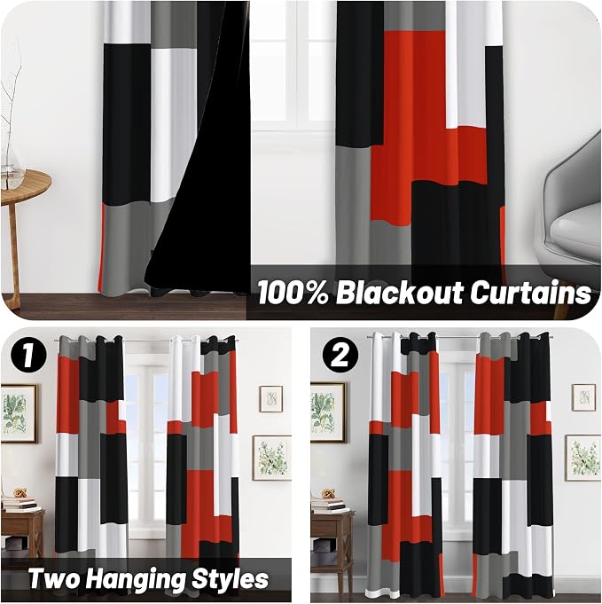 Tyrot Red Black 100% Blackout Curtains for Bedroom 63 inch Length 2 Panels Set White Grey Modern Abstract Geometric Black Out Curtains White Grey Red Room Darkening Window Drapes Living Room, 52Wx63L
