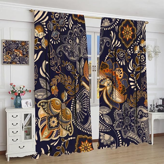 Indian Boho Curtains, Mandala Design Colorful Boho Floral Paisley Curtains, Bedroom Living Room Blackout Decorative Curtains, 2 Panel Set, 72x63 Inch.