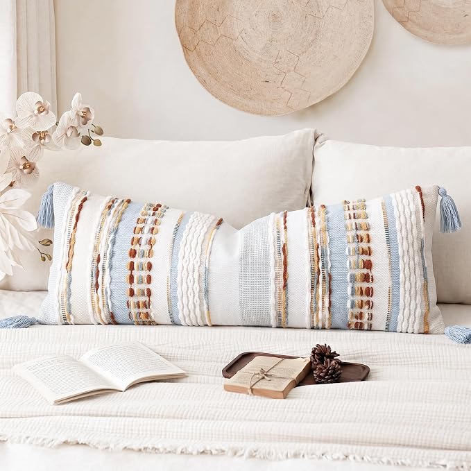 NUYECY Chenille and Cotton Long Pillow for Bed,Striped Textured Boho Long Lumbar Throw Pillow Cover 16x36,Neutral Accent Decorative Body Pillow Case for Couch Sofa Bedroom,Light Blue Earth Tones