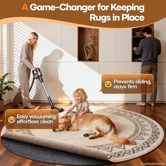 Veken 6 Ft Round Non Slip Cushioned Rug Pad Gripper, Felt and Silicone Backing, 1/4 inch Thick, Carpet Liner Protector Mat for Area Rugs and Hardwood Floors, with Over 99 Pcs Anti-Slip Strips Pattern