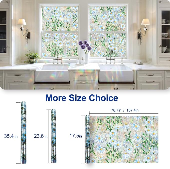 QHY Sunshine Privacy Window Film with Installation Tool Decorative Stained Glass Window Stickers Reusable Window Film (Leafy Daisy, 17.5 x 78.7)