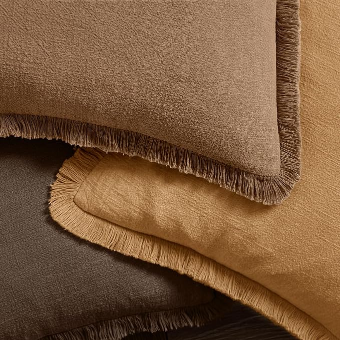 MIULEE Decorative Couch Pillow Covers Neutral Linen Fringe Throw Pillows Set of 4 Soft Rustic Cushions Boho Farmhouse Pillowcases for Bed Sofa Living Room Spring Decor 18x18 Inch Orange/Yellow