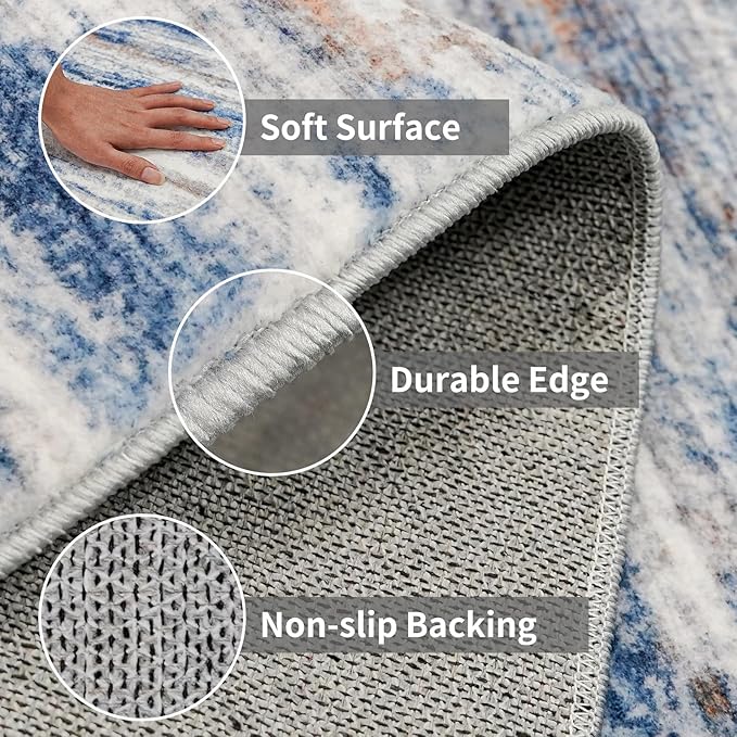 2x7 Washable Runner Rugs for Hallway: Easy-to-Clean Abstract Runners for Entryway Bedroom - Stain and Water Resistant Rugs with Non-Slip Backing - Soft Low-Pile Carpet Navy Grey