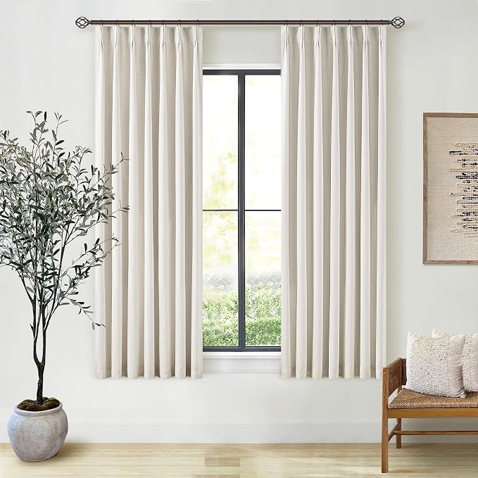 Natural Linen 63 Inch Length Blackout Curtains Pinch Pleated Drapes Back Tab Farmhouse 100% Black Out Short Room Darkening Pinch Pleat Curtains with Hooks Rings for Small Window Bedroom Cream