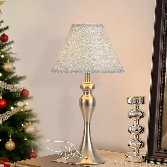 Rechargeable Cordless Table Lamps, Battery Operated Lamp with Fabric Shade for Decor, 3 Color Stepless Dimming LED Table Light, Nightstand Lamp for Nursery, Bedroom, Living Room, Home Office (Nickel)