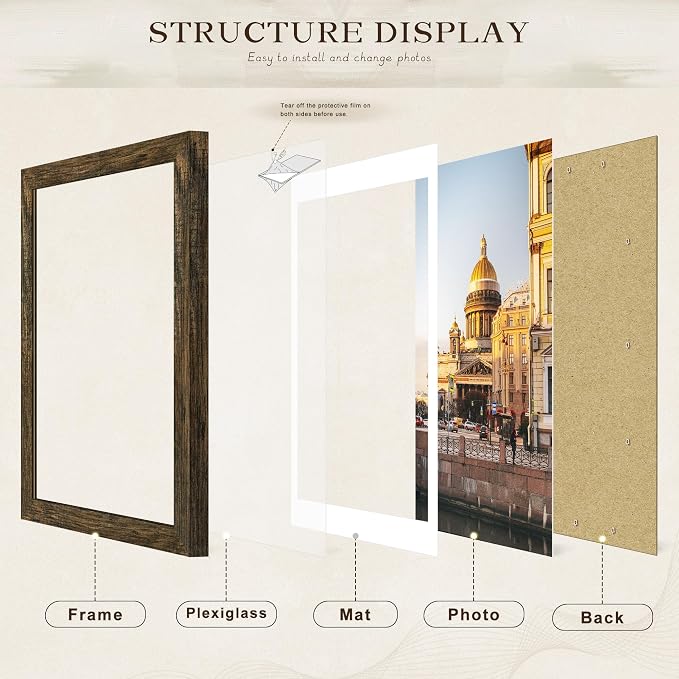 Picrit 18x24 Picture Frame 3 Pack, Wooden Brown Rustic Poster Frame, Display Poster 16 x 20 with Mat or 18 x 24 without Mat for Horizontal or Vertical Wall Mounting