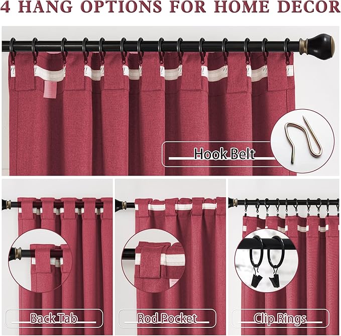 DUALIFE Extra Long 108 Inch Full Blackout Curtains for Large Window,Look Faux Linen Textured Back Tab Hook Belt Pleated Tall Drapes for Living Room Dining 2 Panels Set,50 Wide,10 FT Rose Red