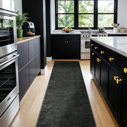 LIANLAM 2x6 Washable Runner Rugs, Black Stainproof Non-Slip for Hallway | Low pile washable runner rug, stain-resistant & non-slip backing, pet & kids friendly for hallway kitchen bedroom(2x6,Black)