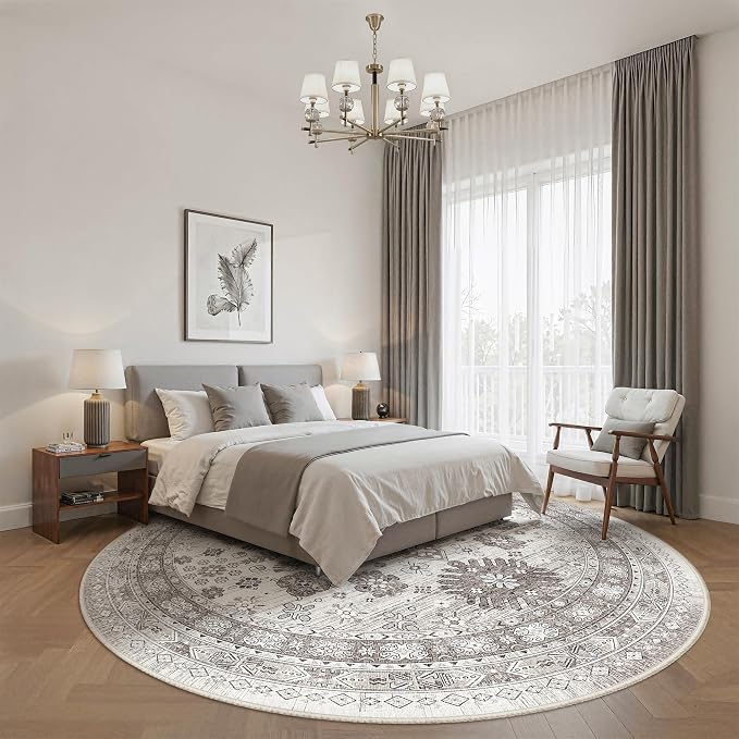 zesthome 8ft Round Rugs for Living Room, Non-Slip Washable Round Area Rugs, Ultra-Thin Large Circle Rugs, Soft Low Pile Rug for Bedroom, Kitchen - Vintage Stain Resistant Round Rug (Brown/Beige,8'x8')