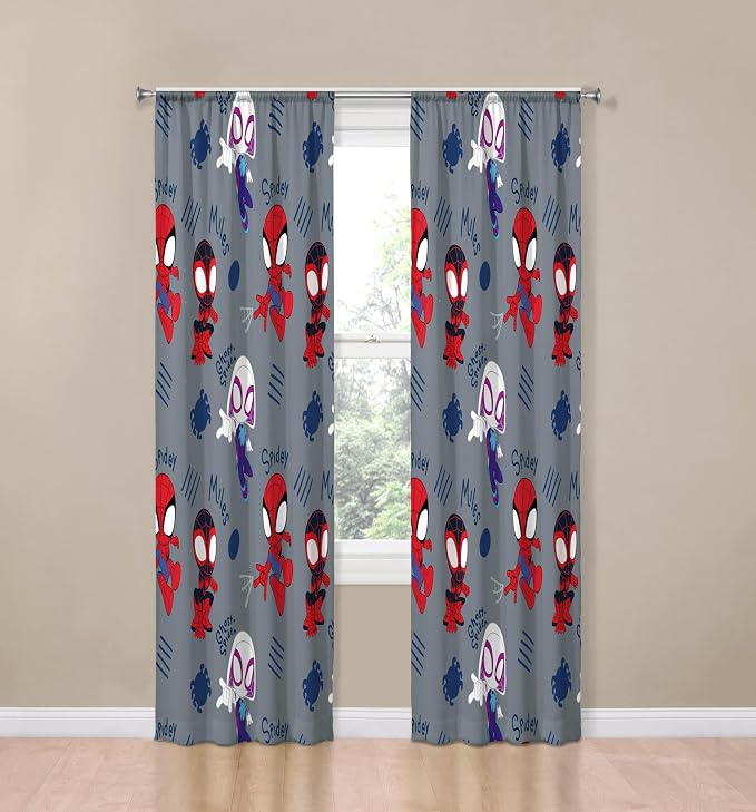 Jay Franco Window Curtains for Kids Bedroom 4-Piece Drape Set with 2 Tiebacks, Grey - Spidey & His Amazing Friends, 42" W x 84" L (Pack of 2)