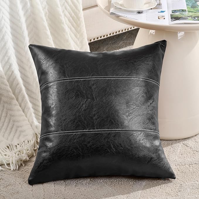 Fancy Homi Black Boho Faux Leather Decorative Throw Pillow Covers 16x16 Inch for Living Room Couch Bed Sofa, Rustic Modern Farmhouse Home Decor, Hand Stitched Square Cushion Case 40x40 cm