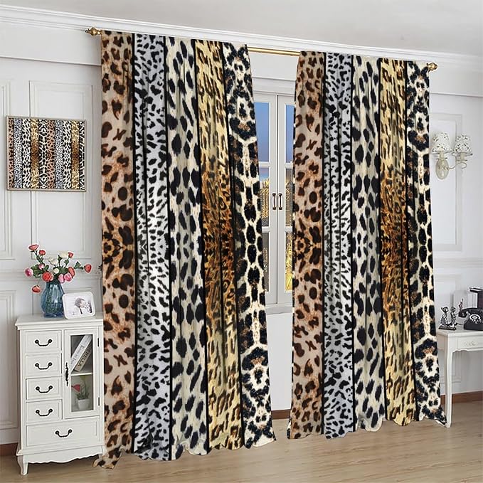 Leopard Print Blackout Curtains, Rustic Wild Animal Skin Farmhouse Fur Leopard Print Rod Pocket Curtain Window Treatments 2 Panels Drapes for Nursery Bedroom Living Room Kitchen Decor 42"W X 54"L