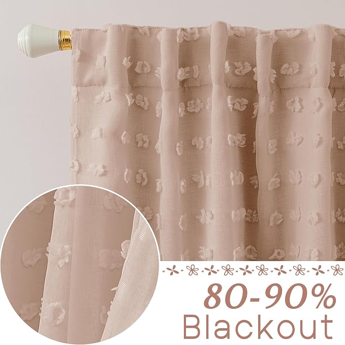 Lino Rosa Dusty Pink Curtains for Girls Bedroom Nursery,Pom Pom Blackout Double Layered Curtains 63 Inch Length