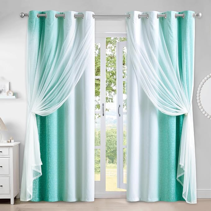 Ombre 100% Blackout Curtains 84 Inches Long 2 Panels for Bedroom Living Room Teal and White Double Layer Sheer Overlay Mix & Match Grommet Thermal Soundproof Drapes with Tiebacks, 52x84