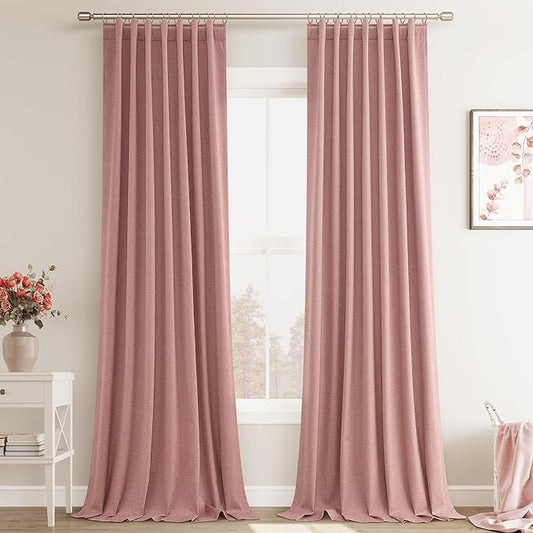 Joywell 100% Blackout Linen Curtains 102 Inch Long for Girls Bedroom Large Window Black Out Curtain Noise Reduction Drapes for Living Room Nursery Back Tab Hook Belt 2 Panels,52 x 102,Blush