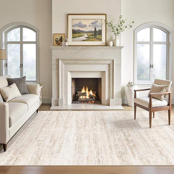 Soalmost 6x9 Area Rugs for Living Room, Washable Neutral Rug Beige Ivory | Vintage Floral Soft Stain Resistant Non-Slip Low Pile Thin Carpet for Dining Room Bedroom Kitchen Home Office Nursery 6'x9'
