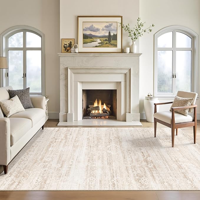 Soalmost 5x7 Area Rugs for Living Room, Washable Neutral Rug Beige Ivory | Vintage Floral Soft Non-Slip Low Pile Thin Throw Large Carpet for Dining Room Bedroom Kitchen Home Office Nursery 5'x7'