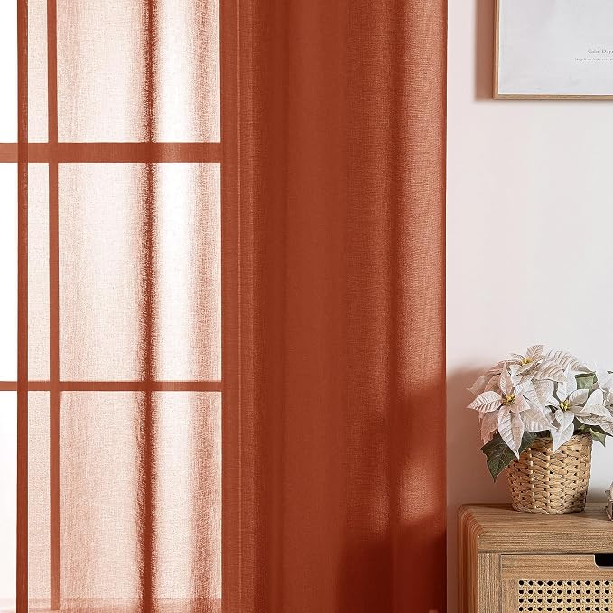 MIULEE 2 Panels Terracotta Semi Sheer Window Curtains Elegant Grommet Top Window Voile Drapes/Treatment Linen Textured Panels for Bedroom Living Room Rust Boho Retro Fall Decor (54X63 Inches)
